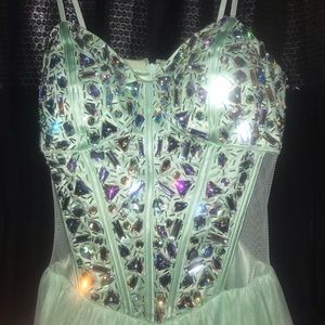 Mint color rhinestone tulle A-line dress.